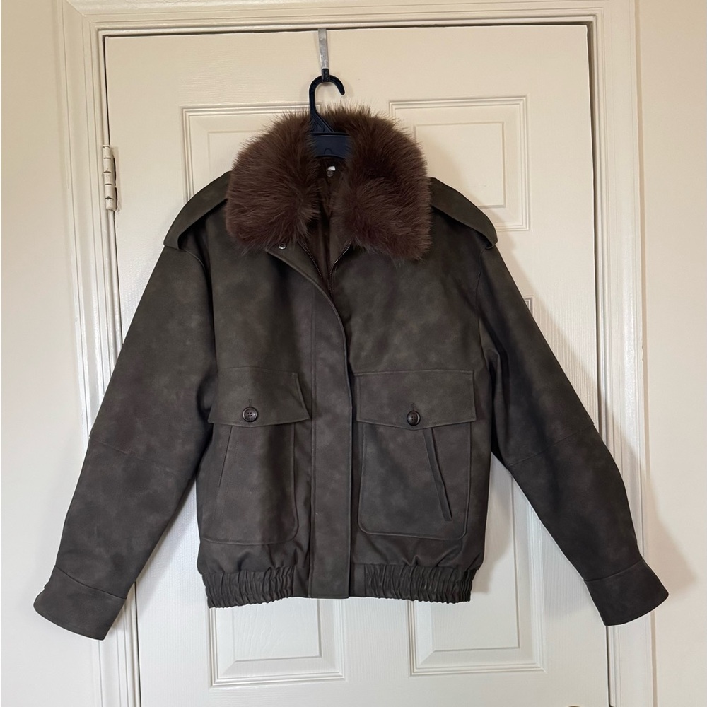 Brown Faux Leather Bomber Jacket with Fur Collar